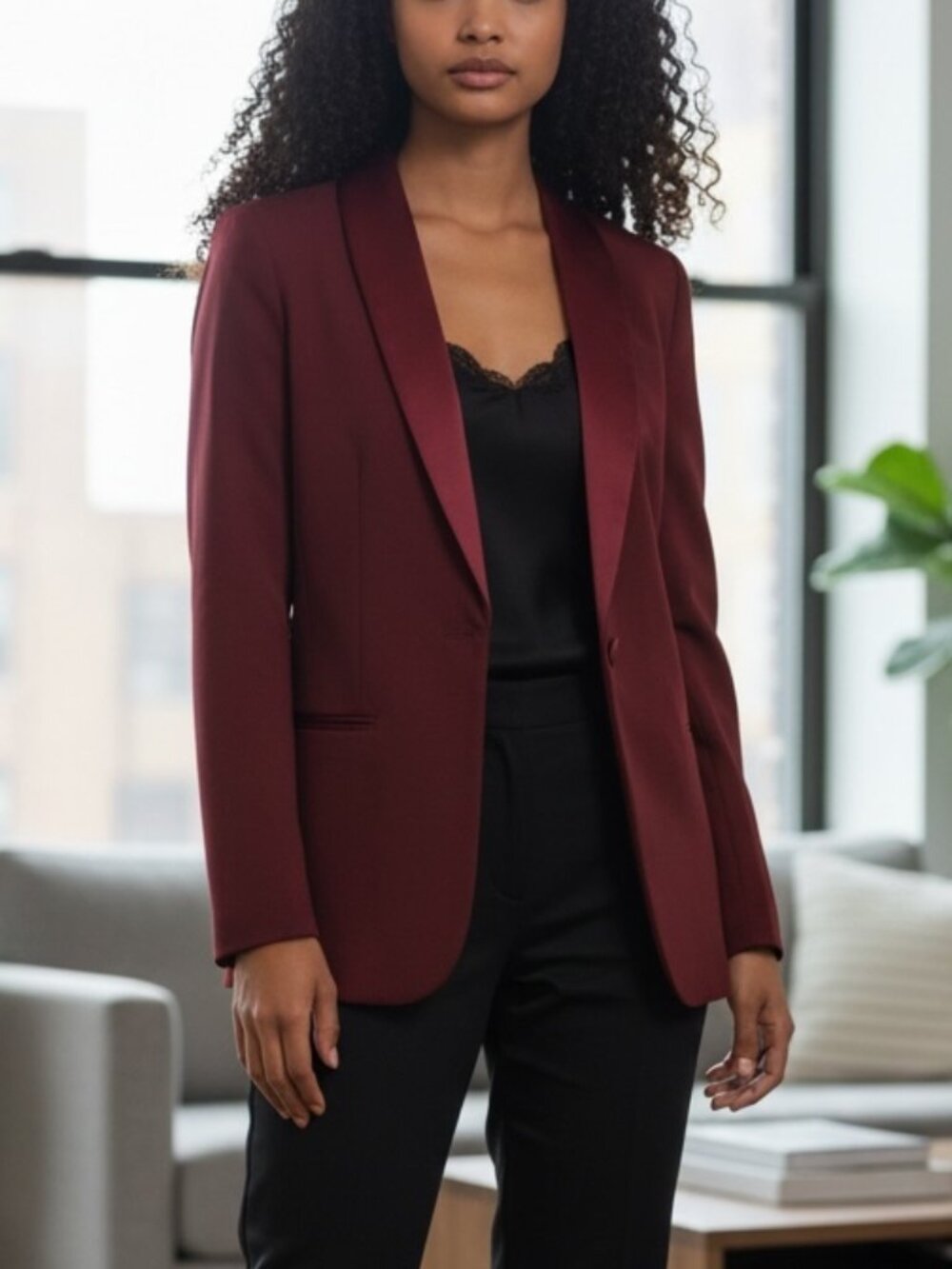 St John Saks Fifth Avenue Women Blazer Jacket Burgundy Satin Formal Career Size6